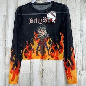 NEW! Betty Boop Retro Y2K Mesh Crop Top Women M‎ Betty Boop Biker Art Baddiecore